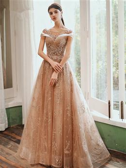 Picture of Champagne with Lace Short Sleeves Formal Dresses, A-line Long Evening Party Dresses